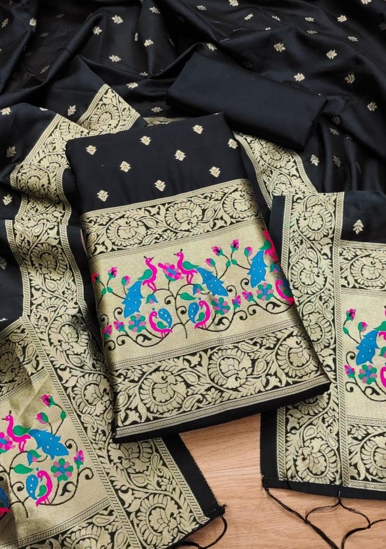 Black Zari Work Banarasi Silk Dress Material