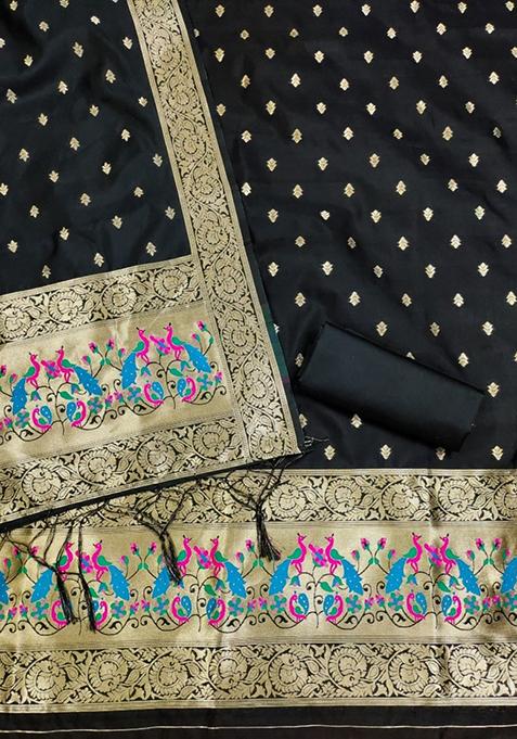 Black Zari Work Banarasi Silk Dress Material