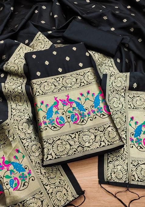 Black Zari Work Banarasi Silk Dress Material