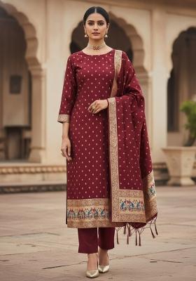 Maroon Zari Work Banarasi Silk Dress Material
