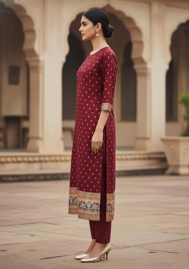 Maroon Zari Work Banarasi Silk Dress Material - Indya