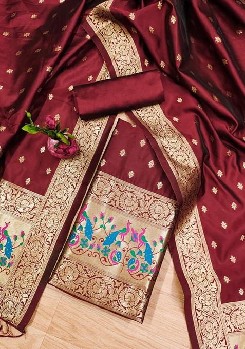Maroon Zari Work Banarasi Silk Dress Material