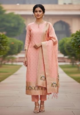 Peach Zari Work Banarasi Silk Dress Material