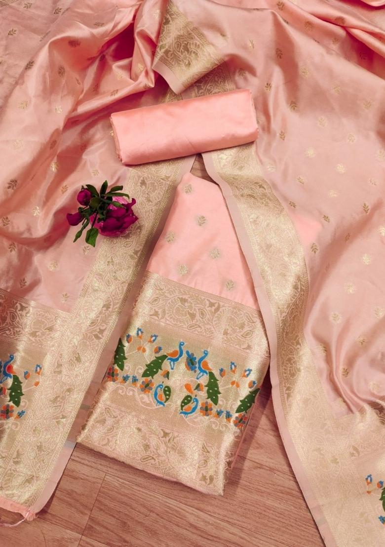 Peach Zari Work Banarasi Silk Dress Material
