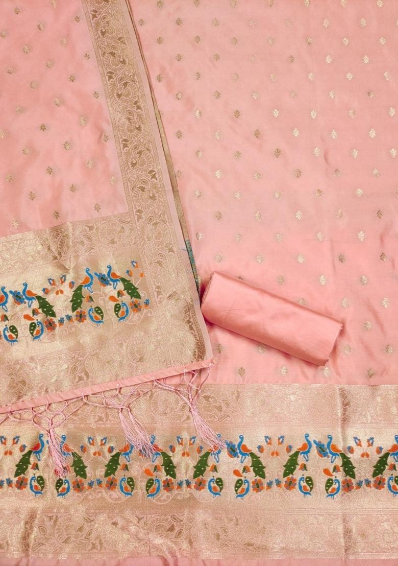 Peach Zari Work Banarasi Silk Dress Material