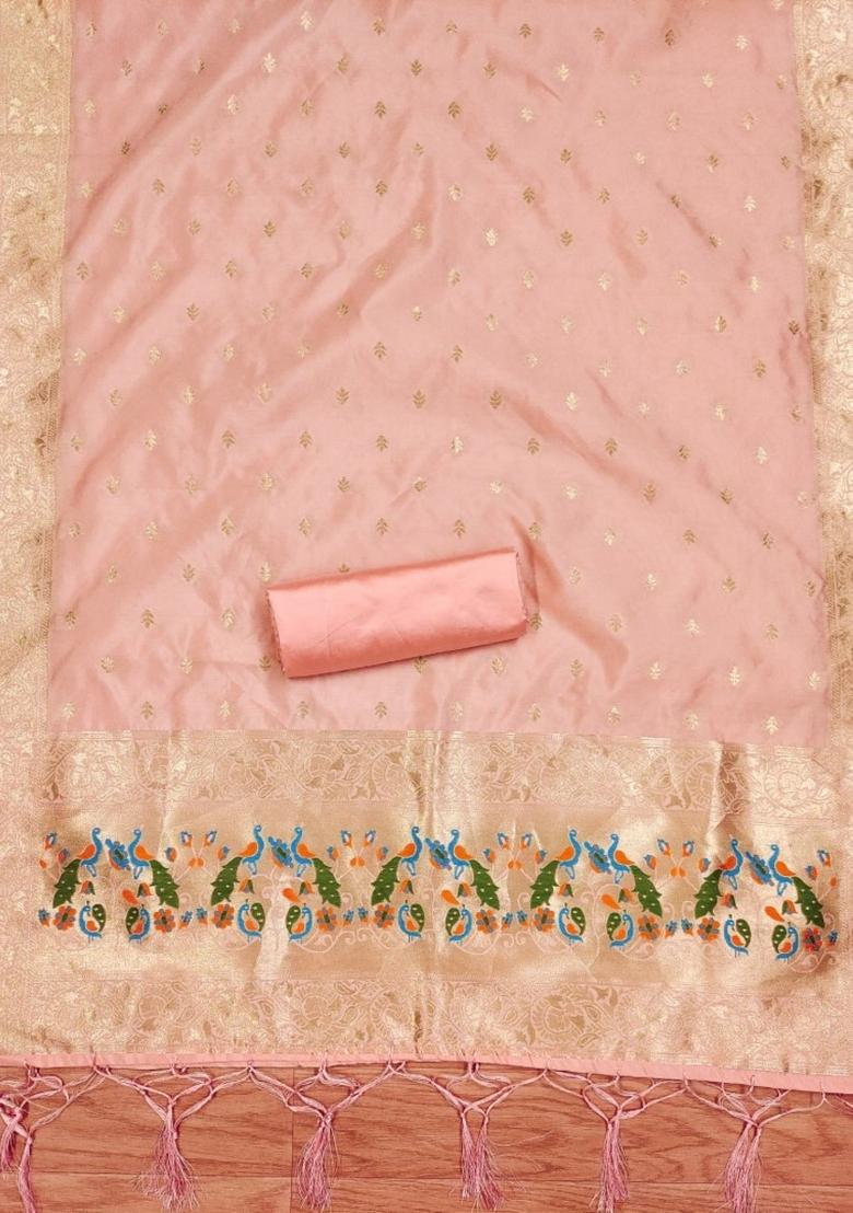 Peach Zari Work Banarasi Silk Dress Material