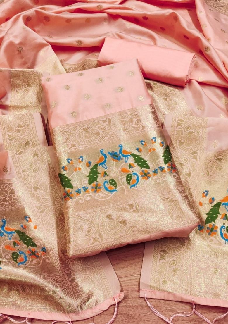 Peach Zari Work Banarasi Silk Dress Material