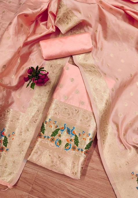 Peach Zari Work Banarasi Silk Dress Material