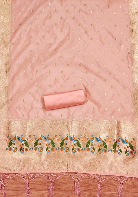 Peach Zari Work Banarasi Silk Dress Material