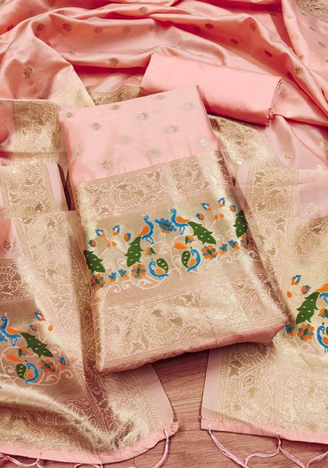 Peach Zari Work Banarasi Silk Dress Material