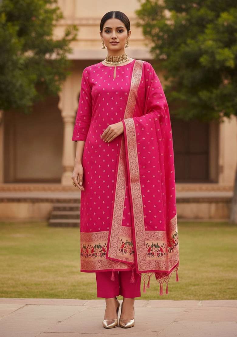 Pink Embroidered Silk Blend Straight Kurta Set - Indya