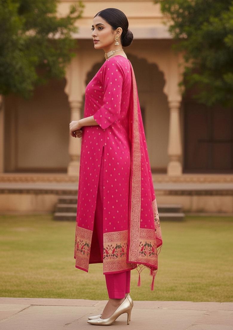 Pink Zari Work Banarasi Silk Dress Material - Indya
