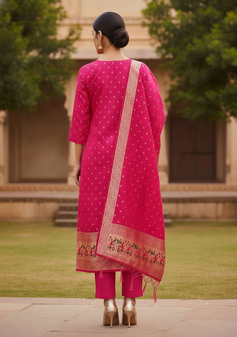 Pink Embroidered Silk Blend Straight Kurta Set - Indya