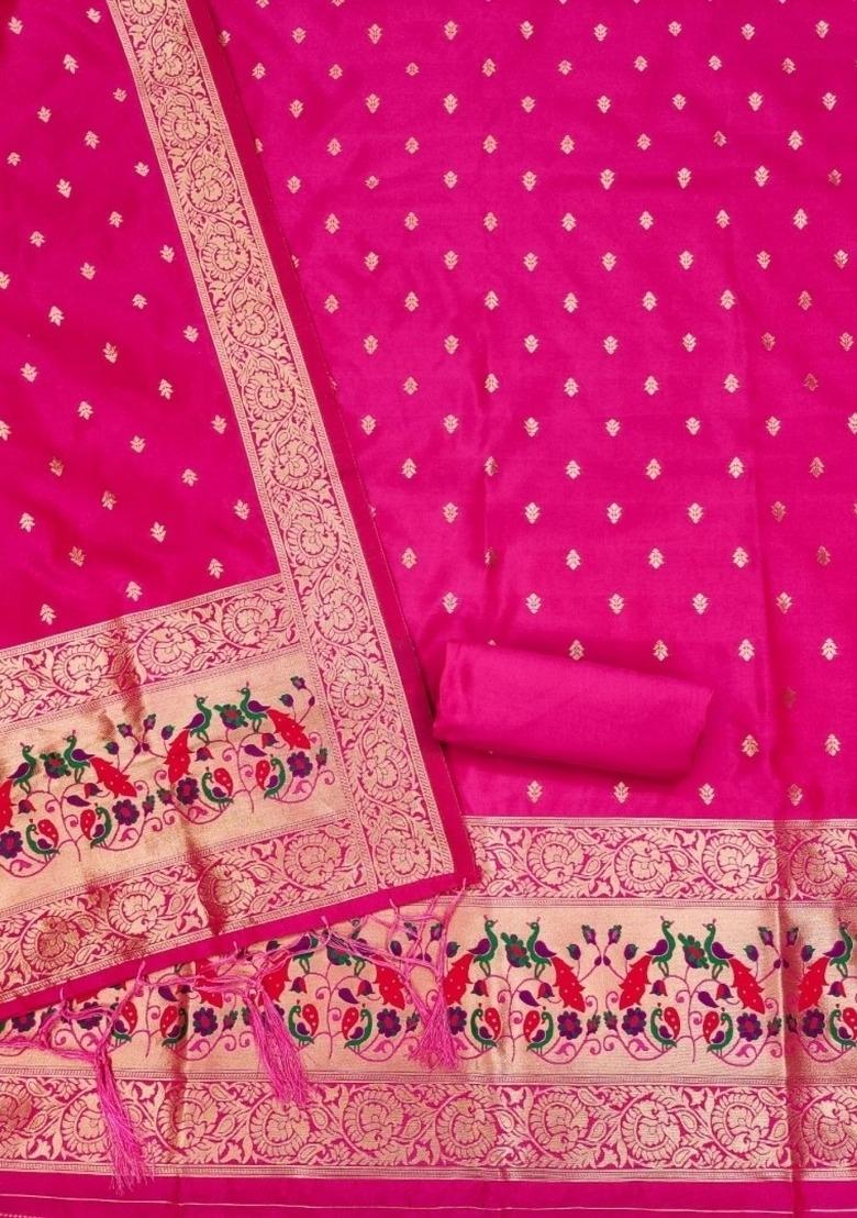 Pink Zari Work Banarasi Silk Dress Material - Indya