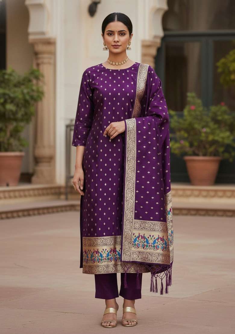 Purple Jacquard Silk Blend Straight Kurta Set - Indya