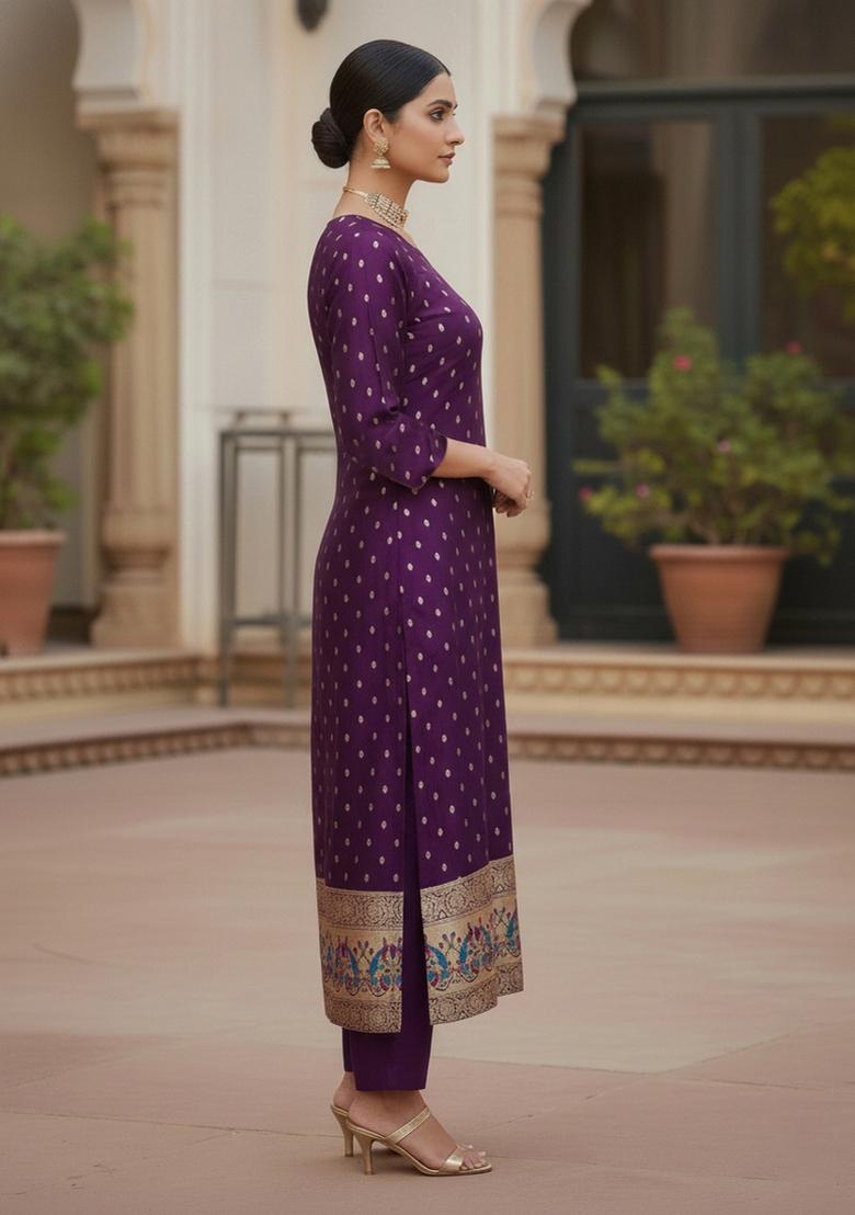 Purple Zari Work Banarasi Silk Dress Material - Indya