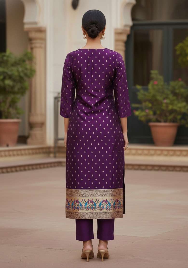 Purple Jacquard Silk Blend Straight Kurta Set - Indya