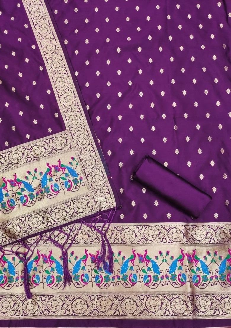 Purple Zari Work Banarasi Silk Dress Material - Indya