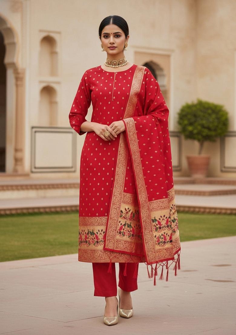 Red Zari Work Banarasi Silk Dress Material