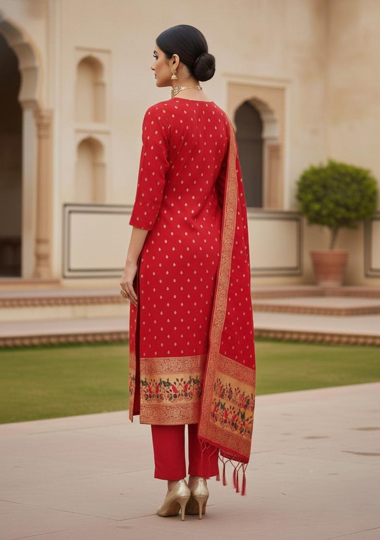Red Zari Work Banarasi Silk Dress Material