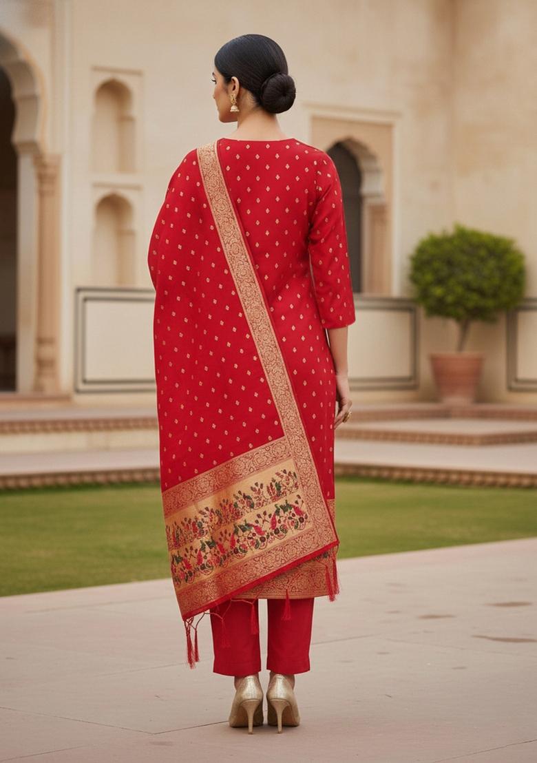 Red Zari Work Banarasi Silk Dress Material