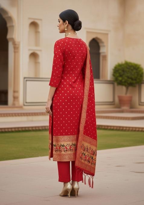 Red Zari Work Banarasi Silk Dress Material