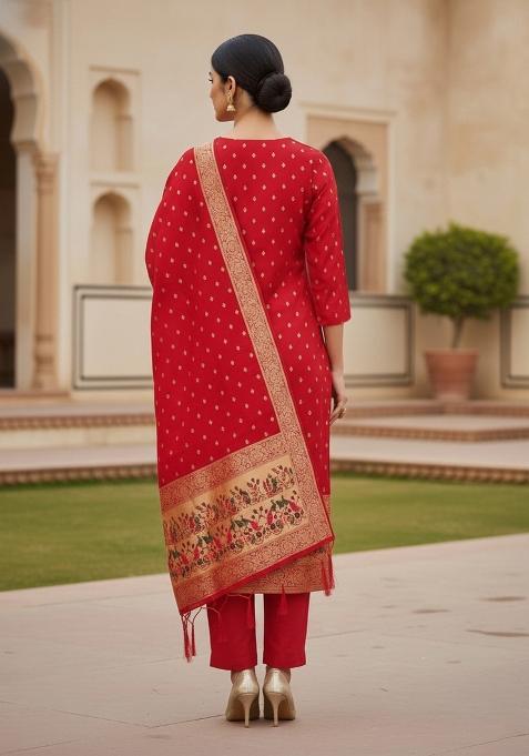 Red Zari Work Banarasi Silk Dress Material