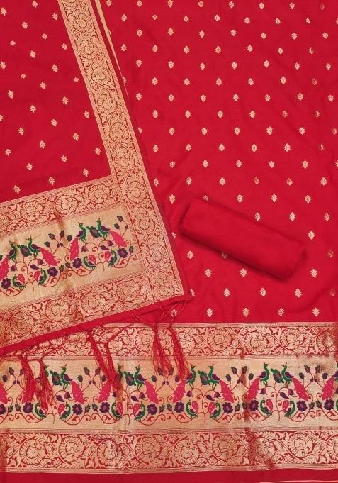 Red Zari Work Banarasi Silk Dress Material