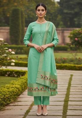 Sea Green Zari Work Banarasi Silk Dress Material