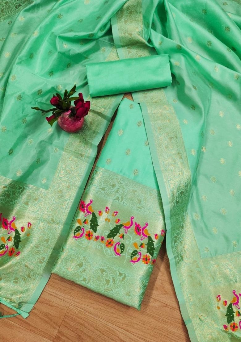 Sea Green Zari Work Banarasi Silk Dress Material