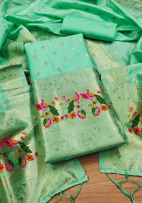 Sea Green Zari Work Banarasi Silk Dress Material