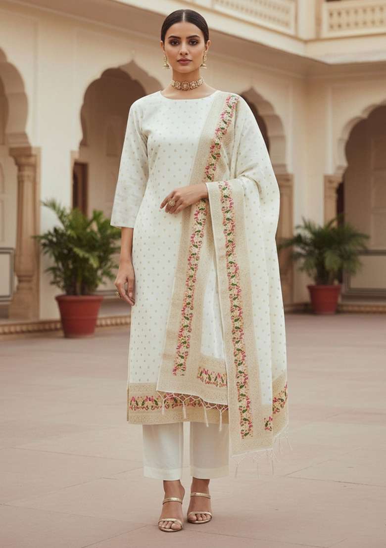 White Printed Silk Blend Straight Kurta Set - Indya
