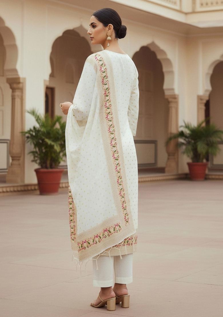 White Zari Work Banarasi Silk Dress Material - Indya