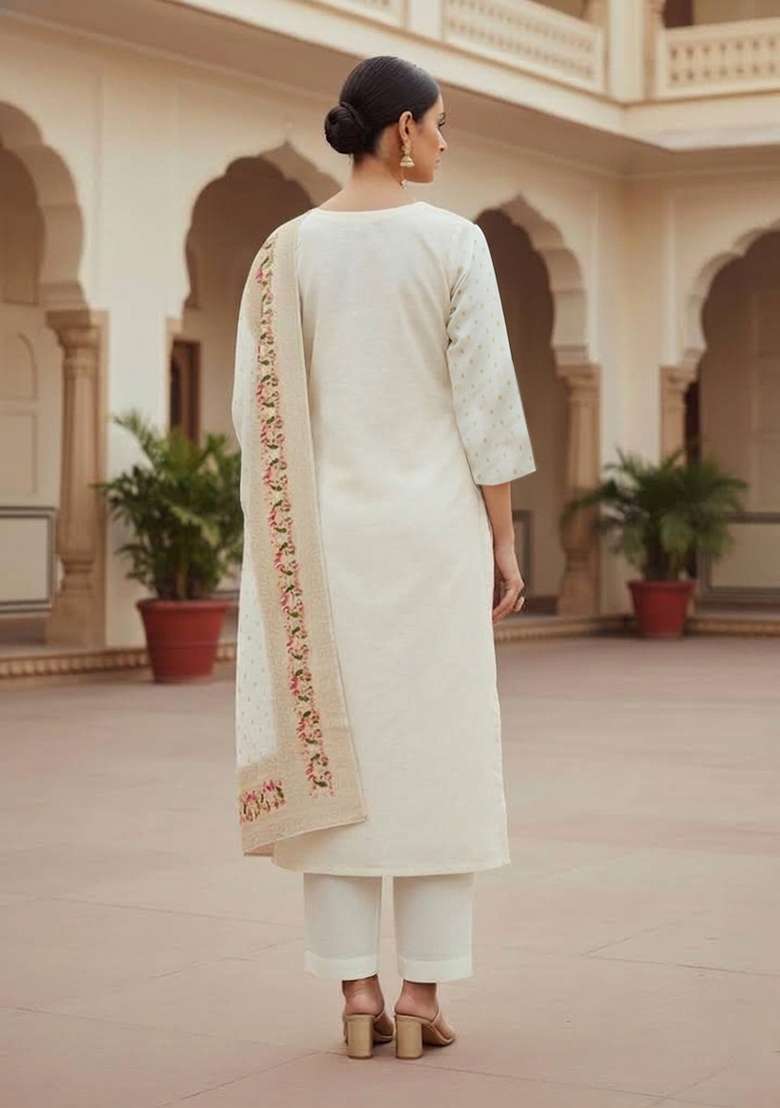 White Printed Silk Blend Straight Kurta Set - Indya