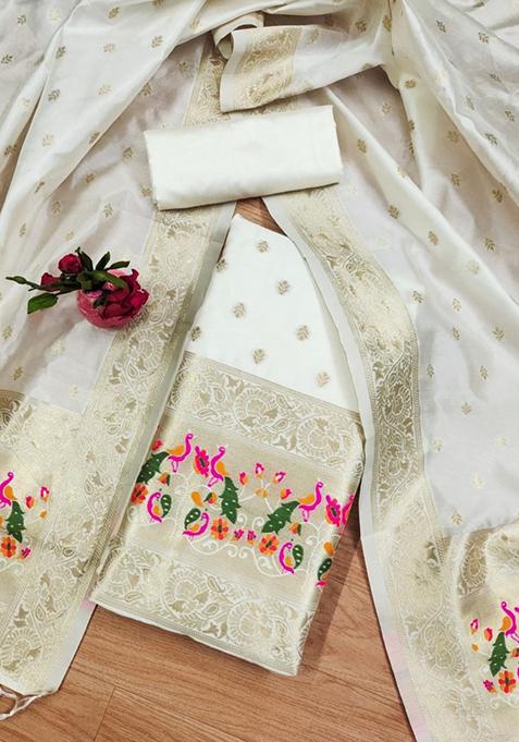 White Zari Work Banarasi Silk Dress Material
