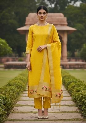 Yellow Zari Work Banarasi Silk Dress Material