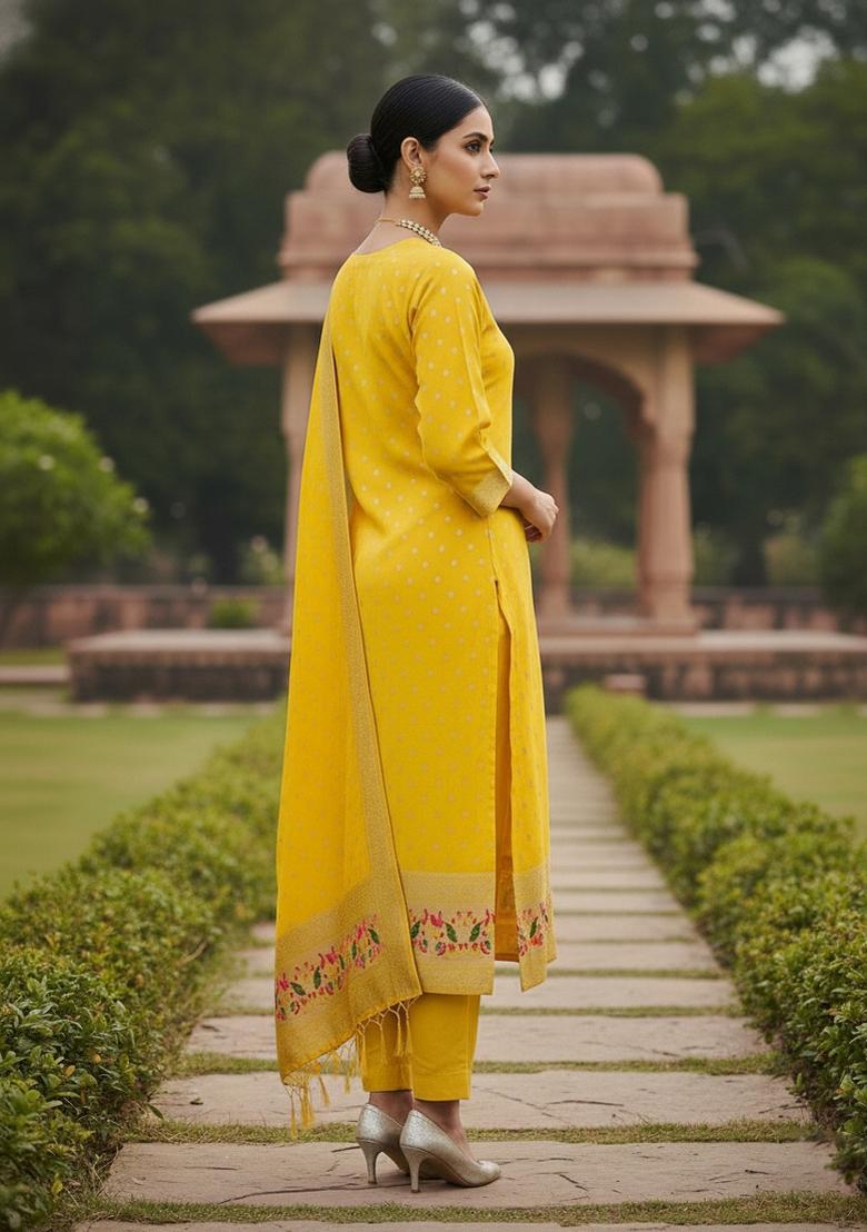 Yellow Zari Work Banarasi Silk Dress Material - Indya