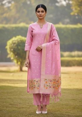 Baby Pink Zari Work Banarasi Silk Dress Material