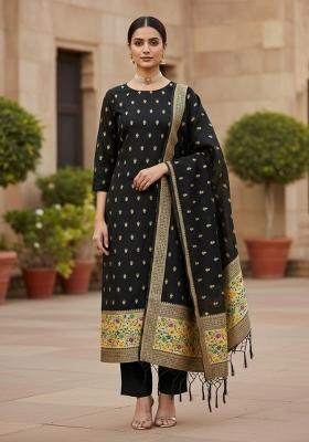 Black Zari Work Banarasi Silk Dress Material