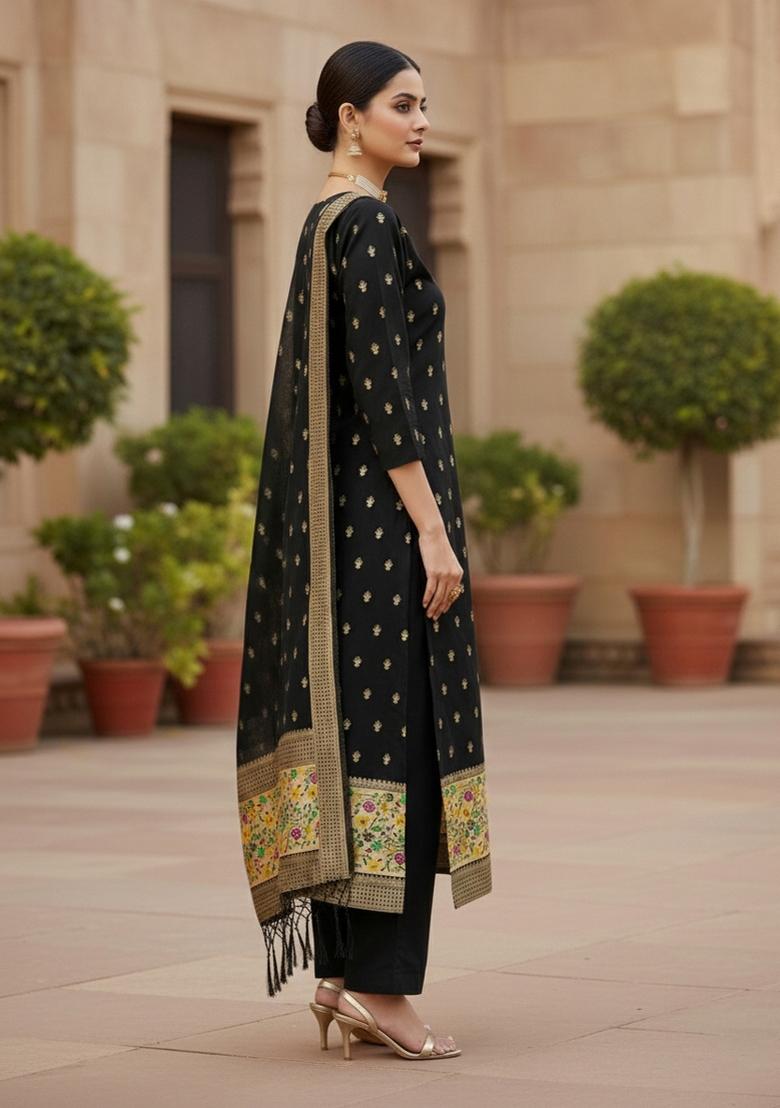 Black Zari Work Banarasi Silk Dress Material - Indya