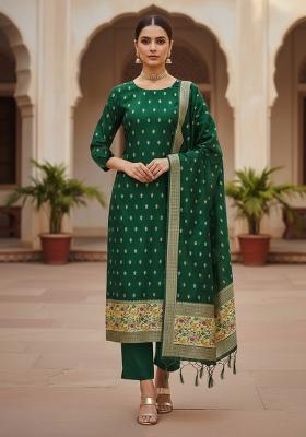 Bottle Green Zari Work Banarasi Silk Dress Material