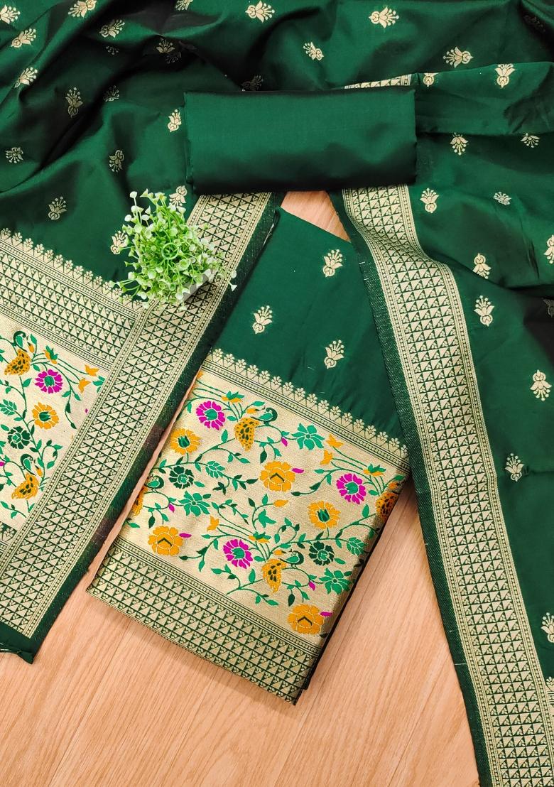 Bottle Green Zari Work Banarasi Silk Dress Material