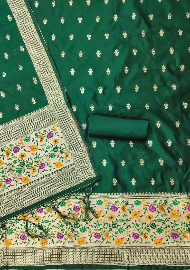 Bottle Green Zari Work Banarasi Silk Dress Material