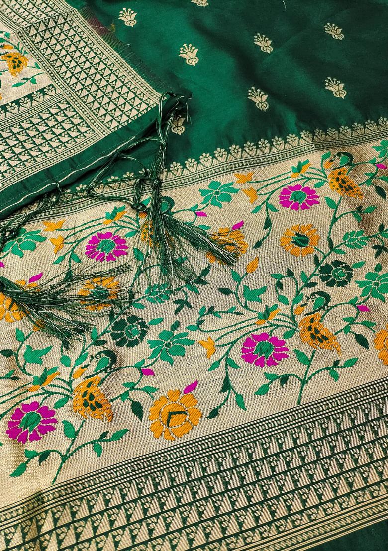 Bottle Green Zari Work Banarasi Silk Dress Material