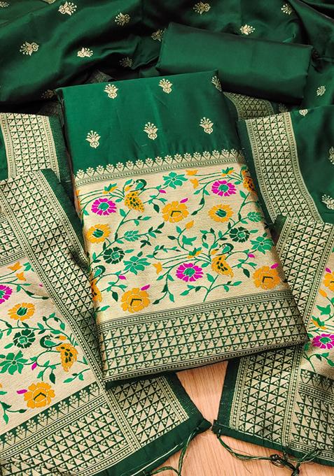 Bottle Green Zari Work Banarasi Silk Dress Material