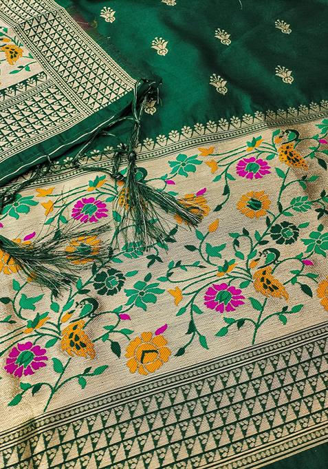 Bottle Green Zari Work Banarasi Silk Dress Material