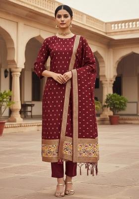 Maroon Zari Work Banarasi Silk Dress Material