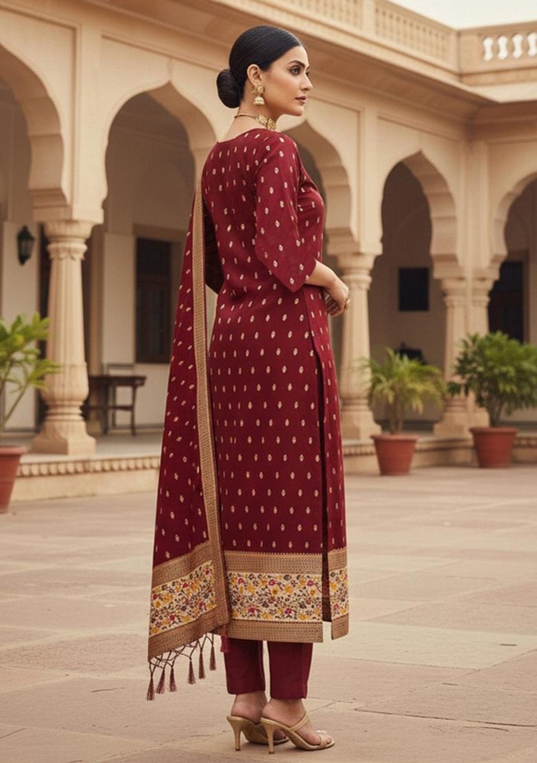 Maroon Zari Work Banarasi Silk Dress Material - Indya