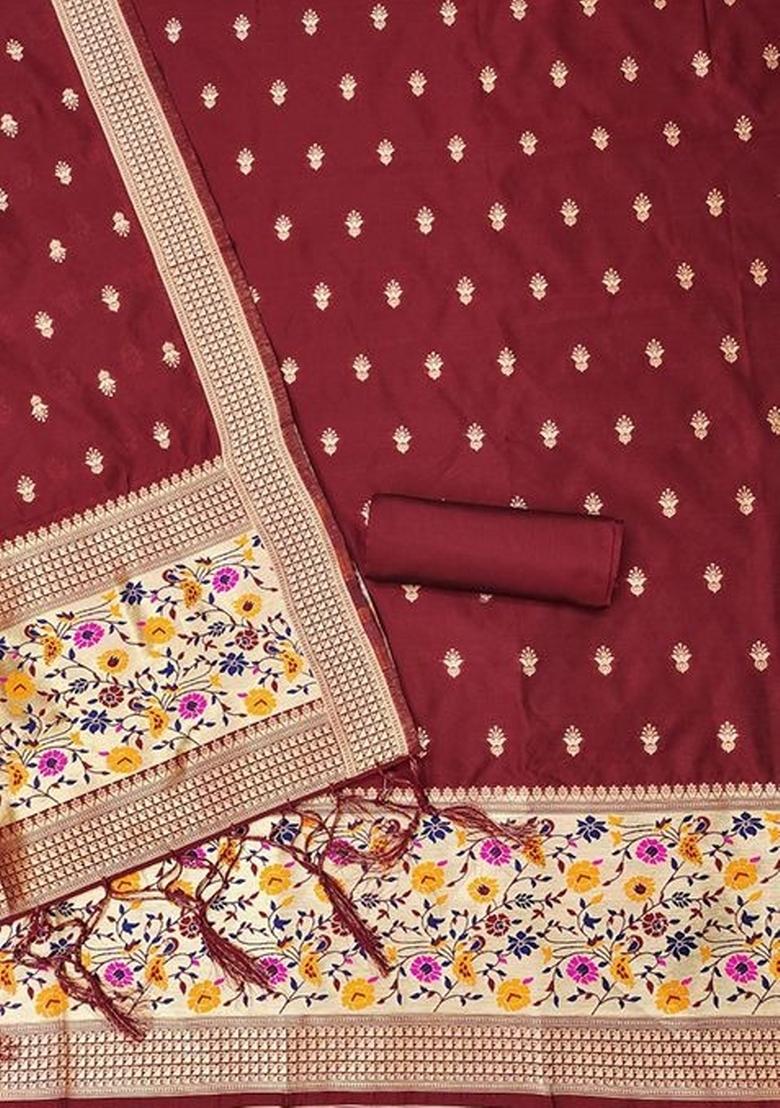 Maroon Zari Work Banarasi Silk Dress Material - Indya
