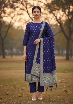 Navy Blue Zari Work Banarasi Silk Dress Material